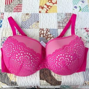 Cacique Lightly Lined Balconette Sexy Bra 42DD Fuschia Bright Pink Lace